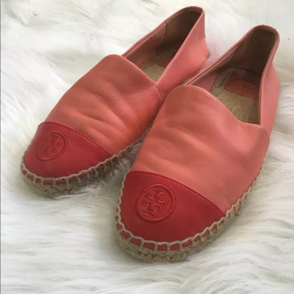 TORY BURCH NAPPA LEATHER RED COLOR BLOCK ESPADRILLE FLAT SIZE 8.5